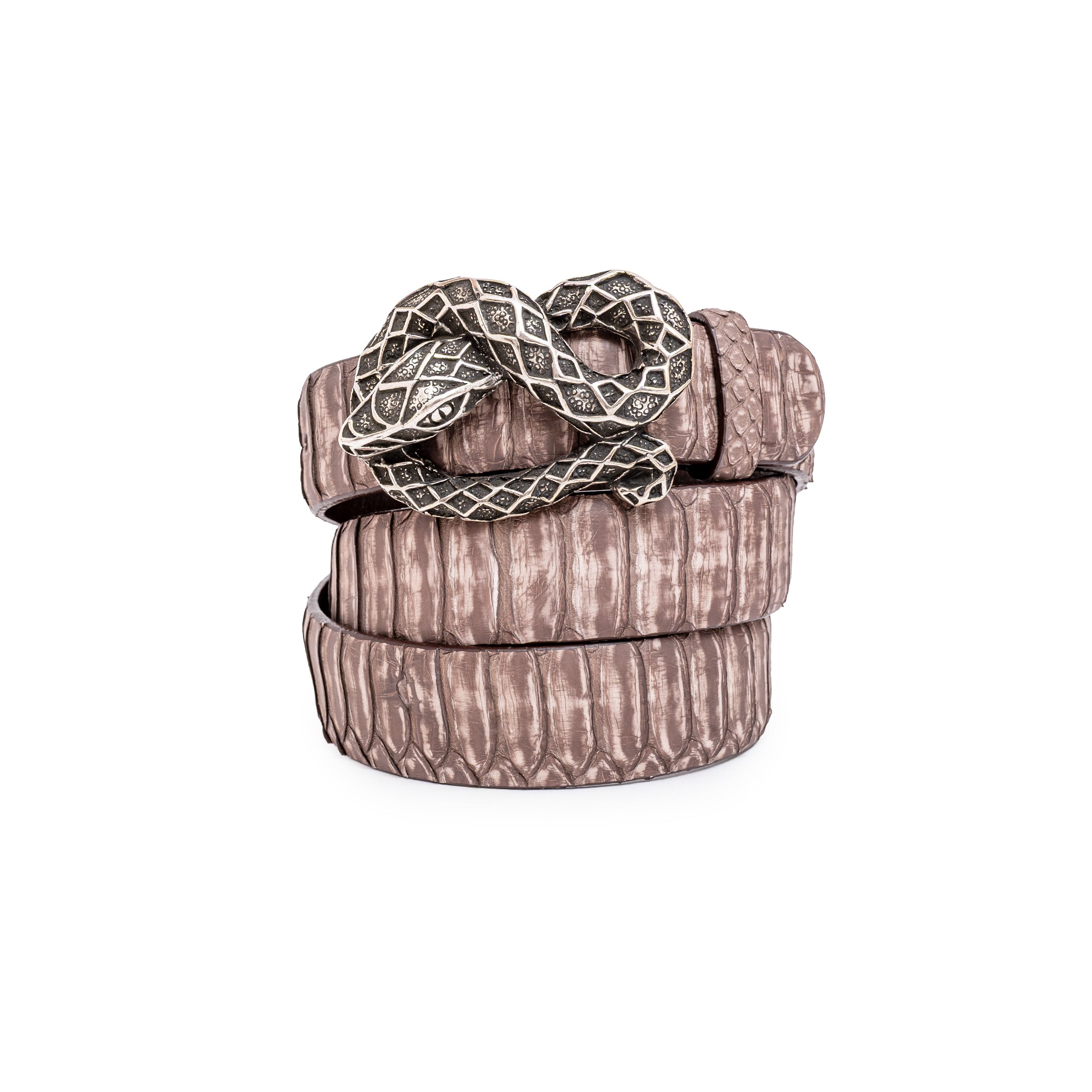 CINTURÓN MARRÓN STONE ESCAMA CENTRAL SERPIENTE PLATA 3CM
