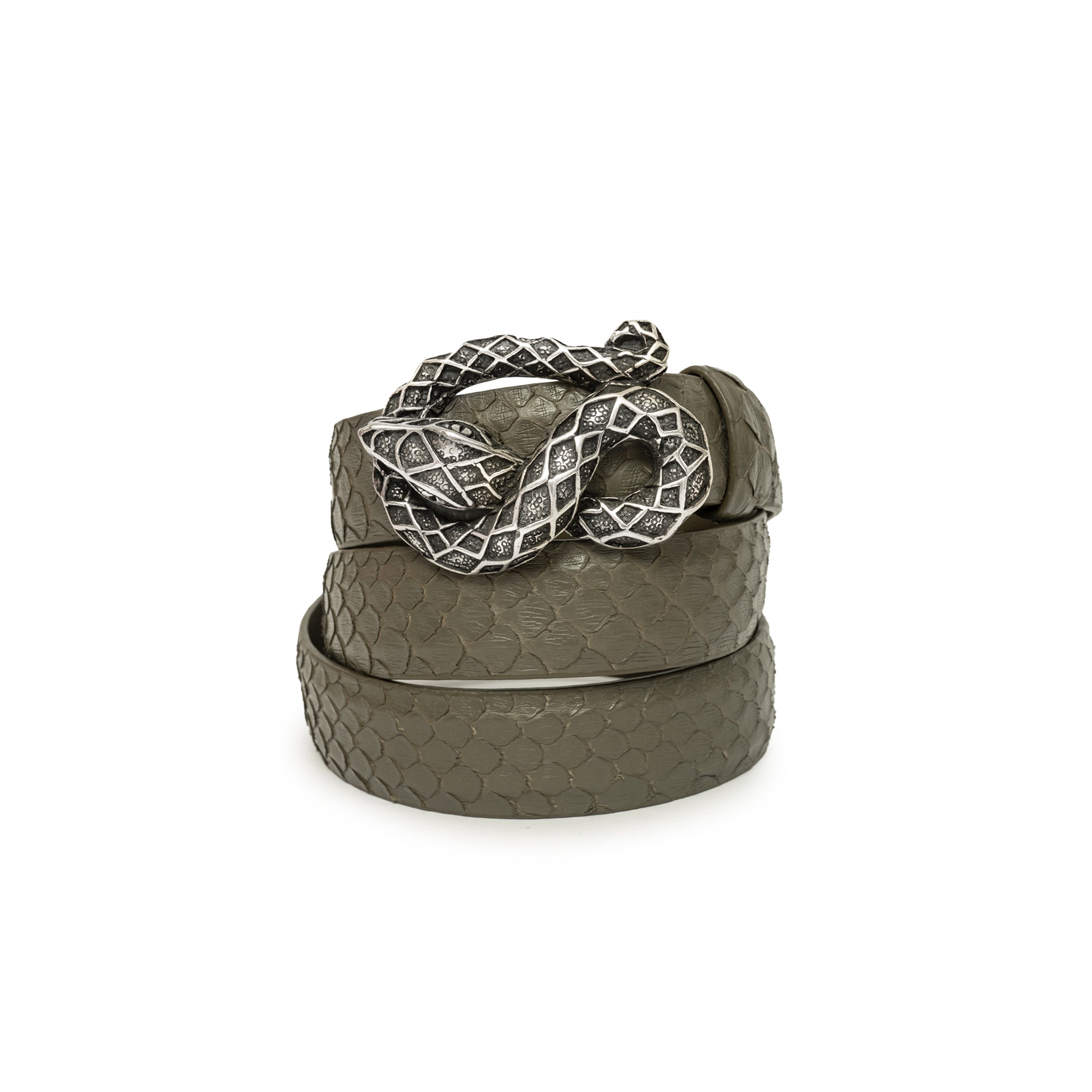 CINTURÓN KAKI SERPIENTE PLATA 3CM