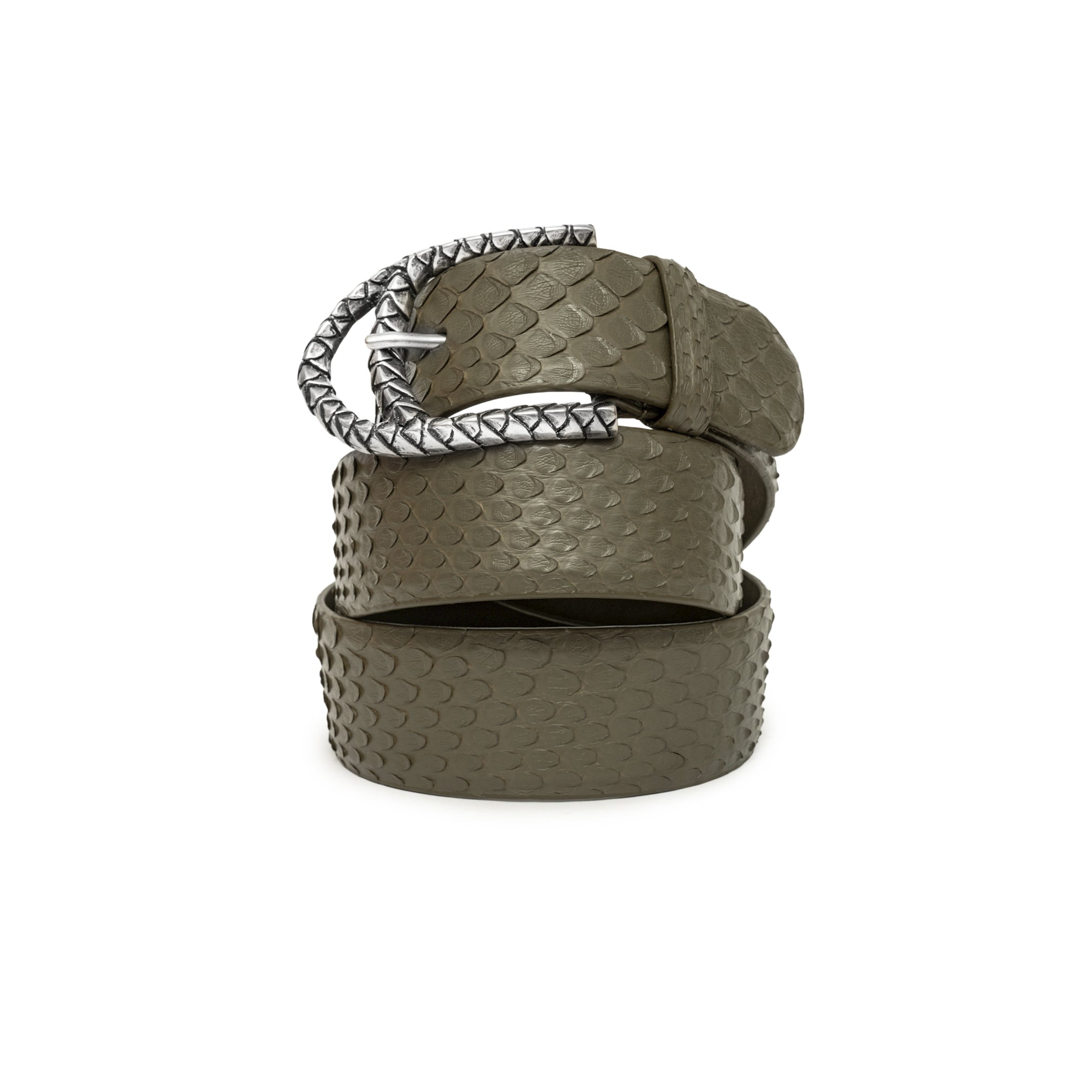 CINTURÓN KAKI BÁSICA PLATA 4CM
